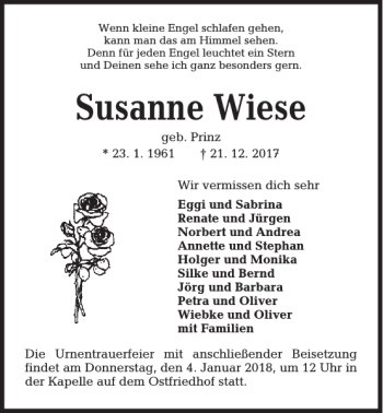 Traueranzeige von Susanne Wiese von Kieler Nachrichten / Segeberger Zeitung