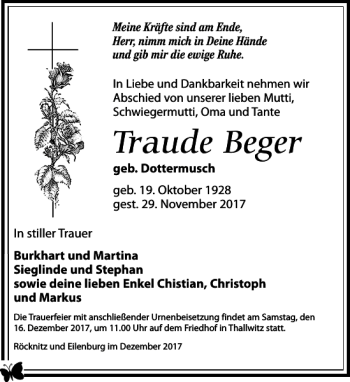 Traueranzeige von Traude Beger von Leipziger Volkszeitung