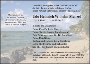 Traueranzeige von Udo Heinrich Wilhelm Menzel von Ostsee-Zeitung