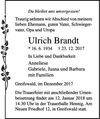 Traueranzeige von Ulrich Brandt von Ostsee-Zeitung