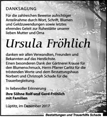 Traueranzeige von Ursula Fröhlich von Leipziger Volkszeitung