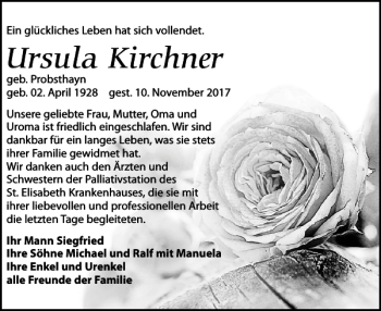 Traueranzeige von Ursula Kirchner von Leipziger Volkszeitung