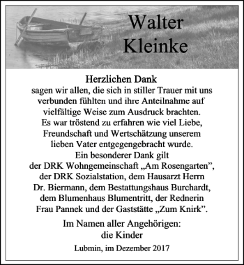 Traueranzeige von Walter Kleinke von Ostsee-Zeitung