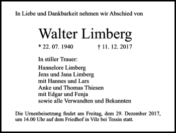 Traueranzeige von Walter Limberg von Ostsee-Zeitung
