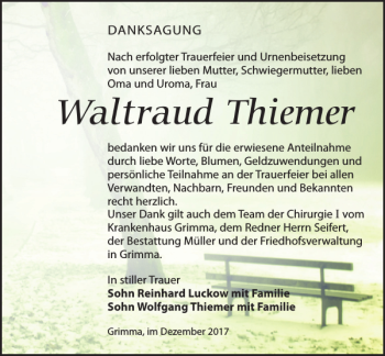 Traueranzeige von Waltraud Thiemer von Leipziger Volkszeitung