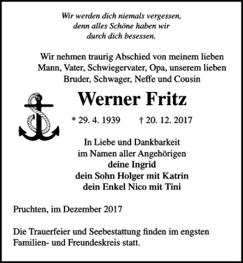 Traueranzeige von Werner Fritz von Ostsee-Zeitung