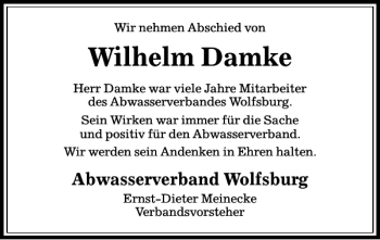 Traueranzeige von Wilhelm Nachruf Damke von Aller Zeitung / Wolfsburger Allgemeine
