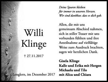 Traueranzeige von Willi Klinge von Göttinger Tageblatt