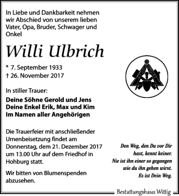 Traueranzeige von Willi Ulbrich von Leipziger Volkszeitung