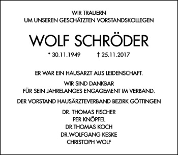 Traueranzeige von Wolf Schröder von Göttinger Tageblatt