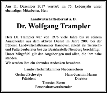 Traueranzeige von Wolfgang Trampler von Schaumburger Nachrichten