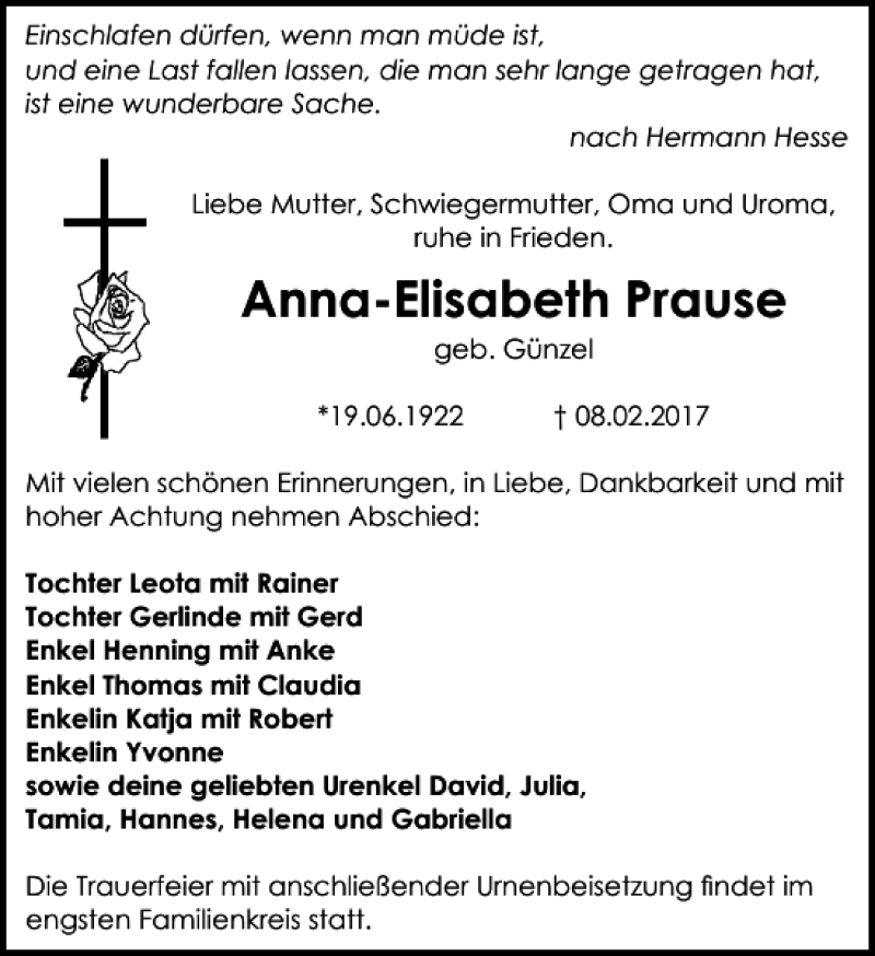 Traueranzeigen von Anna-Elisabeth Prause | trauer-anzeigen.de
