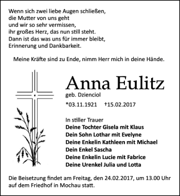 Traueranzeige von Anna Eulitz von Leipziger Volkszeitung