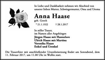 Traueranzeige von Anna Haase von MAZ-Trauer.de