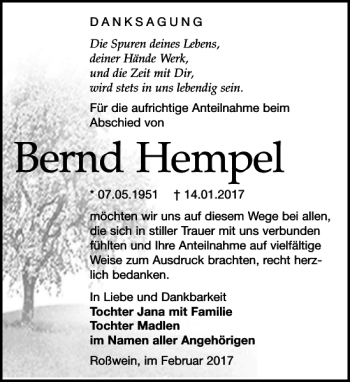 Traueranzeige von Bernd Hempel von Leipziger Volkszeitung