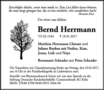 Traueranzeige von Bernd Herrmann von HAZ/NP