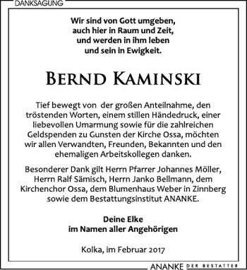 Traueranzeige von Bernd Kaminski von Leipziger Volkszeitung