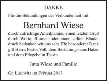 Traueranzeige von Bernhard Wiese von Ostsee-Zeitung