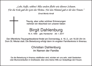 Traueranzeige von Birgit Dahlenburg von Ostsee-Zeitung