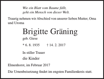 Traueranzeige von Brigitte Gräning von Ostsee-Zeitung