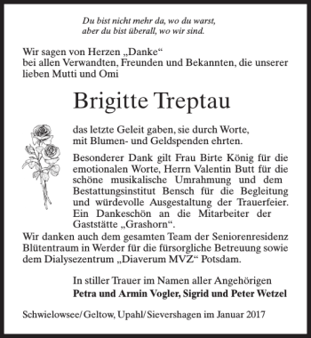 Traueranzeige von Brigitte Treptau von MAZ-Trauer.de
