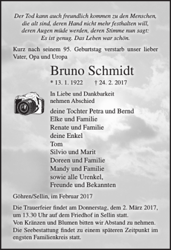 Traueranzeige von Bruno Schmidt von Ostsee-Zeitung