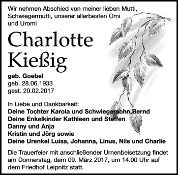 Traueranzeige von Charlotte Kießig von Leipziger Volkszeitung