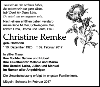 Traueranzeige von Christine Remke von Leipziger Volkszeitung
