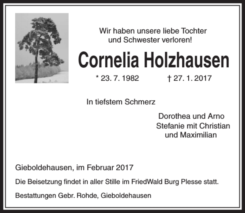  Traueranzeige für Cornelia Holzhausen vom 04.02.2017 aus Eichsfelder Tageblatt