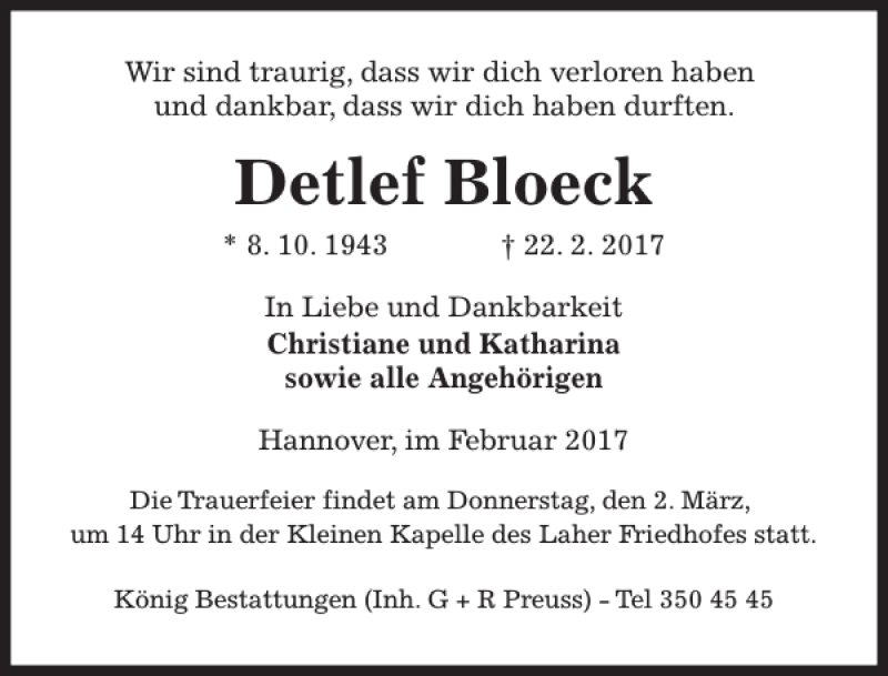  Traueranzeige für Detlef Bloeck vom 25.02.2017 aus HAZ/NP