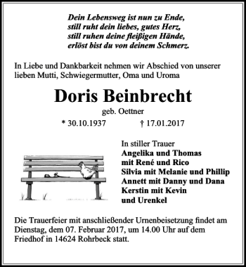 Traueranzeige von Doris Beinbrecht von MAZ-Trauer.de