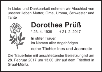 Traueranzeige von Dorothea Prüß von Ostsee-Zeitung