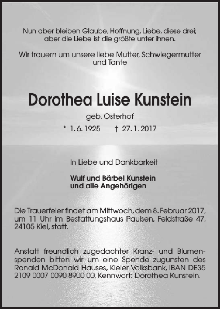  Traueranzeige für Dorothea Luise Kunstein vom 01.02.2017 aus Kieler Nachrichten / Segeberger Zeitung