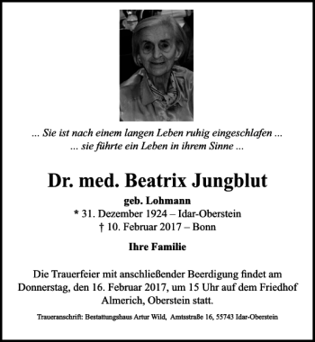 Traueranzeige von Dr. Med. Beatrix Jungblut von MAZ-Trauer.de
