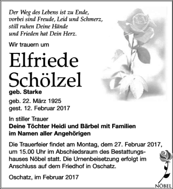 Traueranzeige von Elfriede Schölzel von Leipziger Volkszeitung