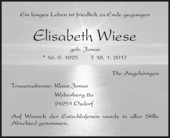 Traueranzeige von Elisabeth Wiese von Kieler Nachrichten / Segeberger Zeitung