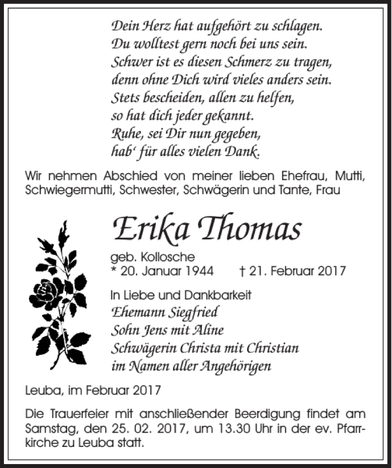  Traueranzeige für Erika Thomas vom 23.02.2017 aus Sächsische Zeitung