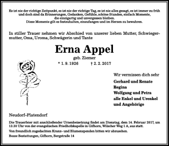 Traueranzeige von Erna Appel von Aller Zeitung / Wolfsburger Allgemeine