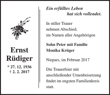 Traueranzeige von Ernst Rüdiger von Ostsee-Zeitung