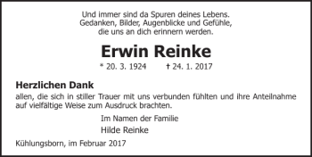 Traueranzeige von Erwin Reinke von Ostsee-Zeitung