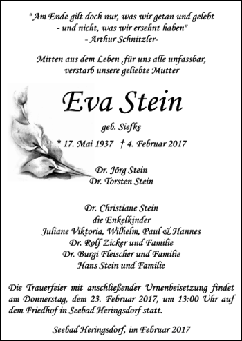 Traueranzeige von Eva Stein von Ostsee-Zeitung