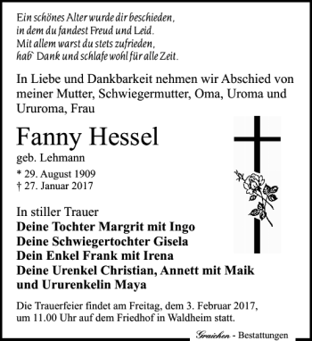 Traueranzeige von Fanny Hessel von Leipziger Volkszeitung