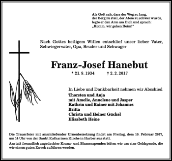 Traueranzeige von Franz-josef Hanebut von Peiner Allgemeine Zeitung