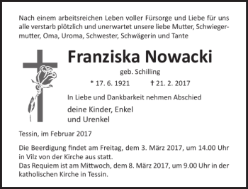 Traueranzeige von Franziska Nowacki von Ostsee-Zeitung