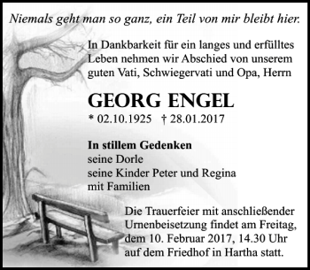 Traueranzeige von Georg Engel von Leipziger Volkszeitung