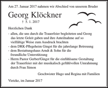 Traueranzeige von Georg Klöckner von Ostsee-Zeitung