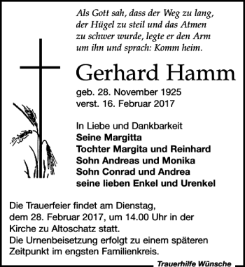 Traueranzeige von Gerhard Hamm von Leipziger Volkszeitung