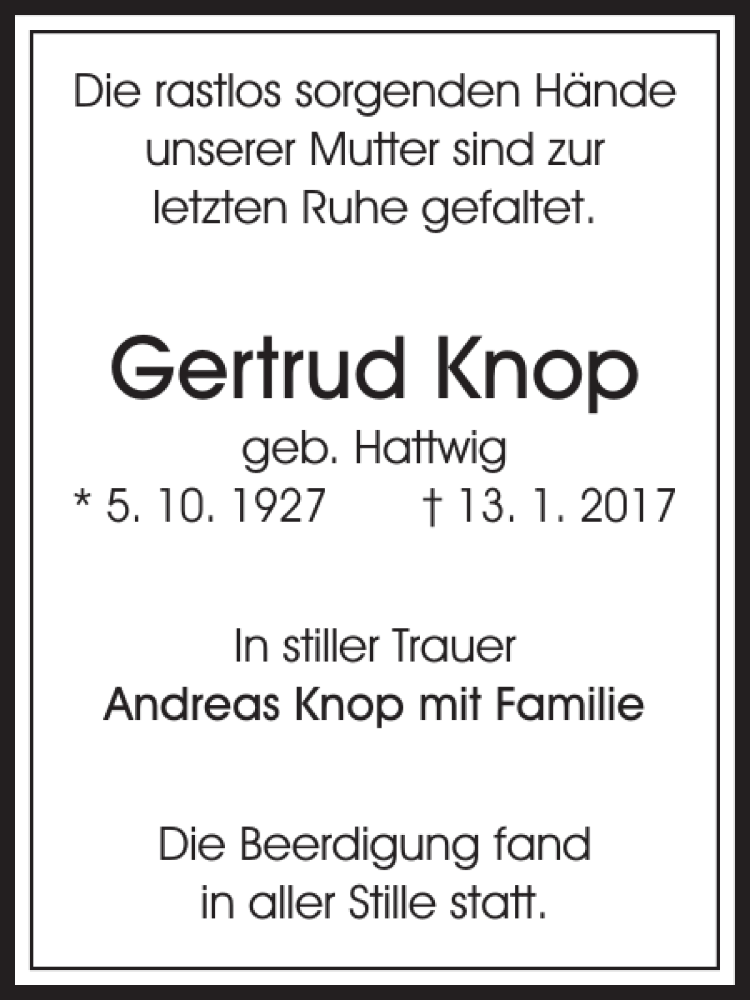  Traueranzeige für Gertrud Knop vom 04.02.2017 aus Sächsische Zeitung