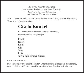 Traueranzeige von Gisela Kankel von Ostsee-Zeitung