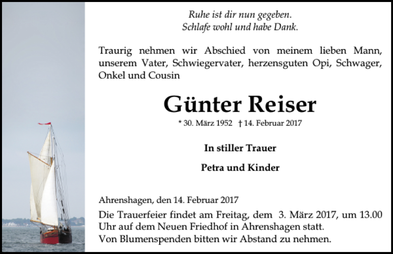  Traueranzeige für Günter Reiser vom 18.02.2017 aus Ostsee-Zeitung